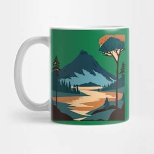 t-shirt design, painting of a mountain with trees and water, a detailed painting Mug